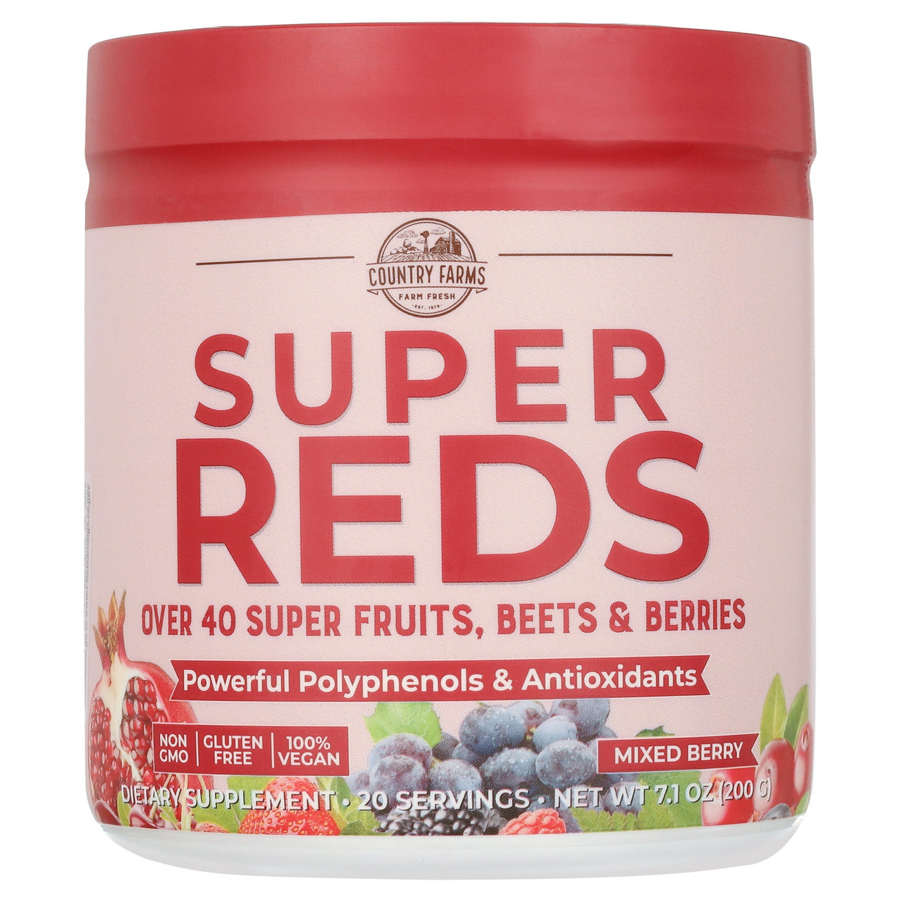 Country Farms Super Reds Energizing Polyphenol Super Food Drink Mix, Berry Flavor, 7.1 Oz